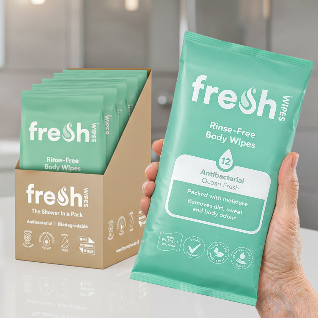 Image of a hand holding some ocean fresh antibacterial and biodegradable body wipes