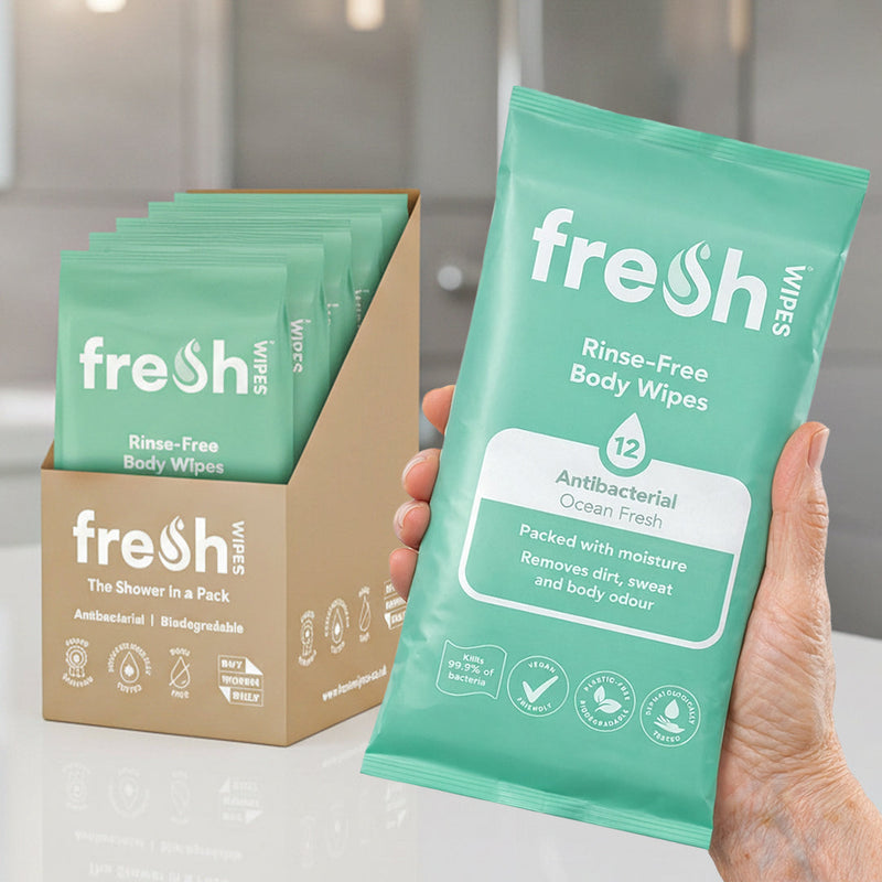Image of a hand holding some ocean fresh antibacterial and biodegradable body wipes