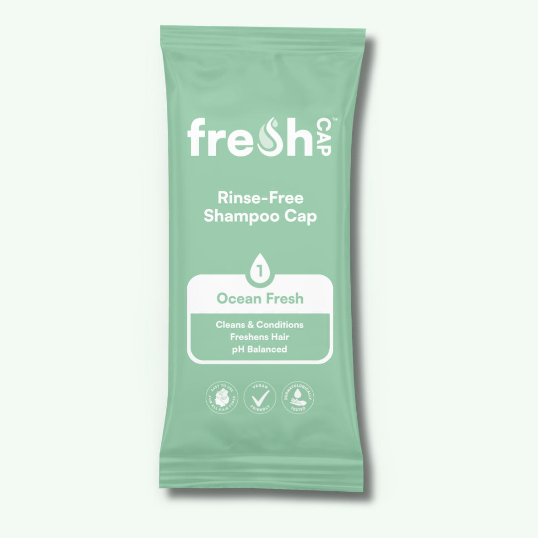 FreshWipes Ocean Fresh no-rinse shampoo cap — wash hair without water, light ocean scent, ideal for post-surgery and travel
