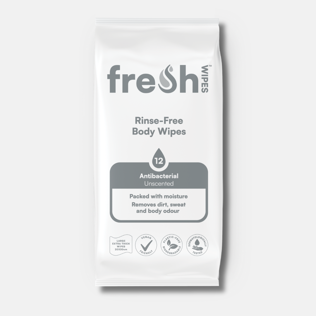 FreshWipes unscented adult body wipes pack — extra-large, antibacterial and biodegradable, made in the UK