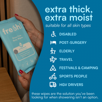 Hand holding a package of fresh body wipes with text about product uses on a blue background
