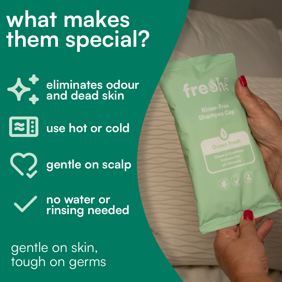 Green shampoo cap with text highlighting features on a teal background
