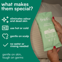 Green shampoo cap with text highlighting features on a teal background