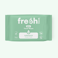 FreshWipes Ocean Fresh mini travel wipes — compact antibacterial body wipes for travel and festivals