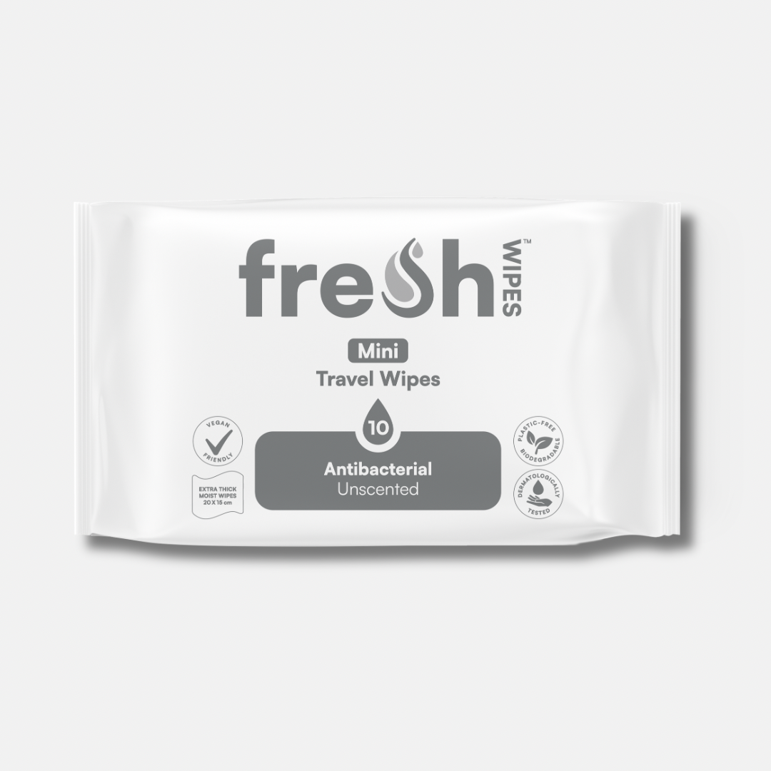 FreshWipes unscented mini travel wipes — pocket-sized antibacterial body wipes for travel, gym and festivals