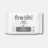 FreshWipes unscented mini travel wipes — pocket-sized antibacterial body wipes for travel, gym and festivals