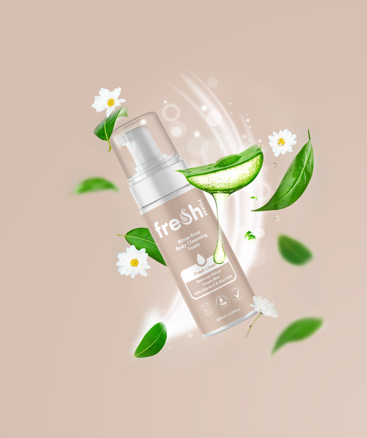 FreshWipes rinse-free body cleansing foam — no water needed, fresh linen scent, antibacterial formula