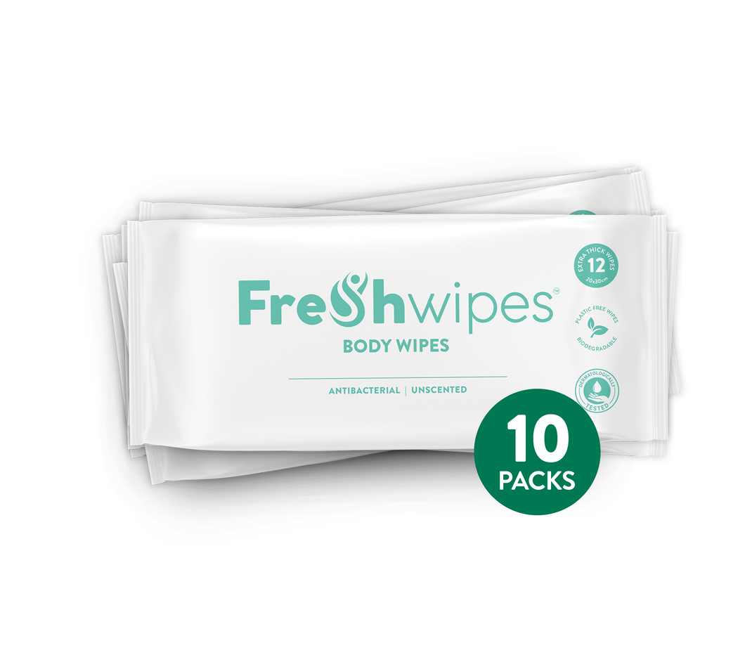 Unscented: 10 x packs FreshWipes Body Wipes