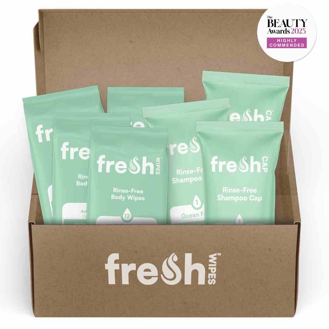 FreshWipes Ocean Fresh Essential Bundle — body wipes and no-rinse shampoo cap in one set